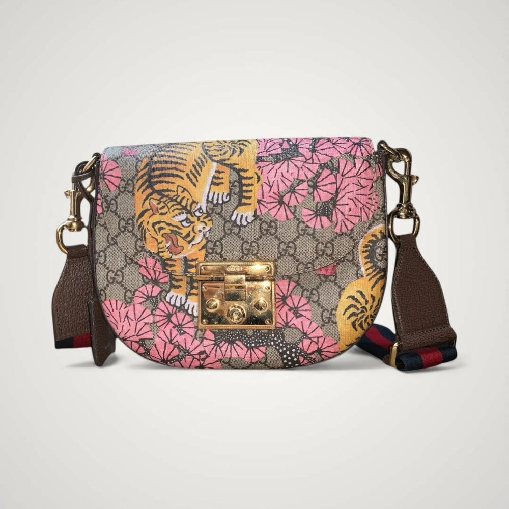 Gucci GG Supreme Monogram Tian Web Medium Padlock Messenger Shoulder Bag